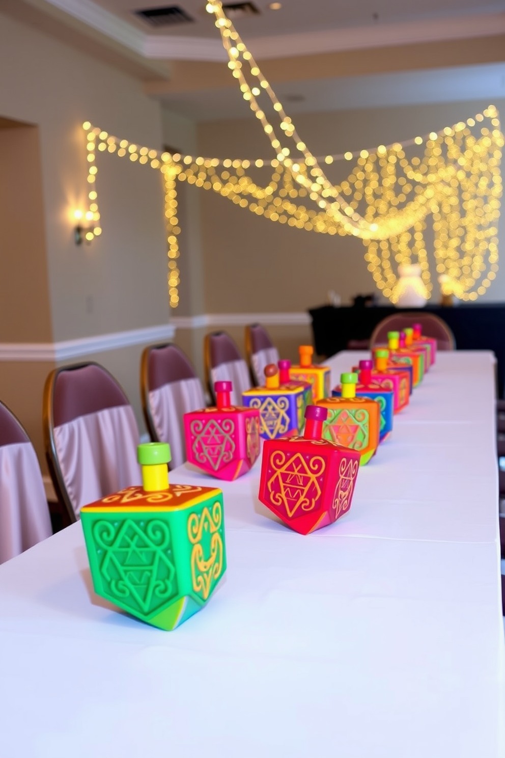 Stylish dreidel place card holders are beautifully arranged on a long dining table. Each holder is crafted from vibrant colors, showcasing intricate designs that reflect the festive spirit of Hanukkah. The table is adorned with a crisp white tablecloth, and twinkling string lights create a warm ambiance. Surrounding the table are elegant chairs, each draped with a soft fabric that complements the overall decor.