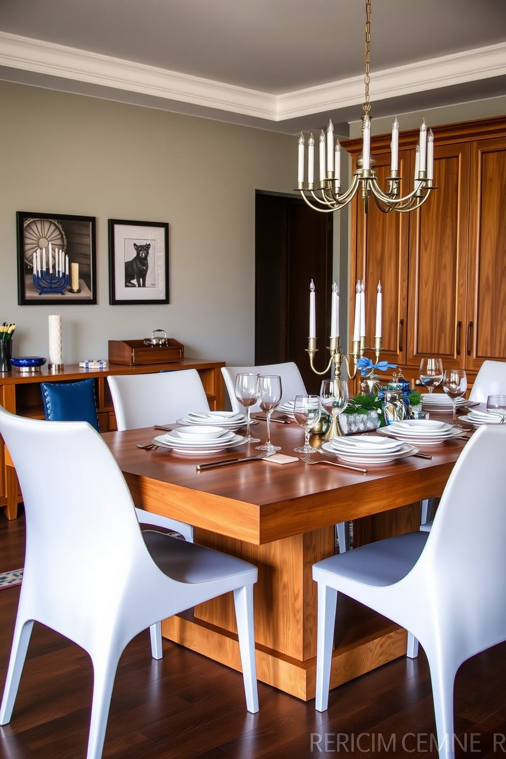 Sleek modern chairs with clean lines surround a traditional wooden dining table, creating a striking contrast between contemporary and classic styles. The table is set with elegant dinnerware, and festive Hanukkah decorations, including blue and silver accents, enhance the warm ambiance of the room.