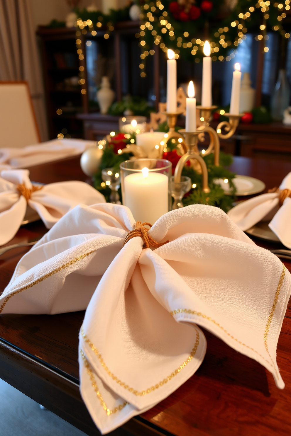 A luxurious dining room adorned with gold accents that enhance the elegance of the space. The table is set with fine china and crystal glassware, surrounded by plush upholstered chairs in rich fabrics. Soft white and blue decor elements create a festive atmosphere for Hanukkah celebrations. A beautifully arranged menorah sits at the center of the table, complemented by elegant candle holders and seasonal greenery.