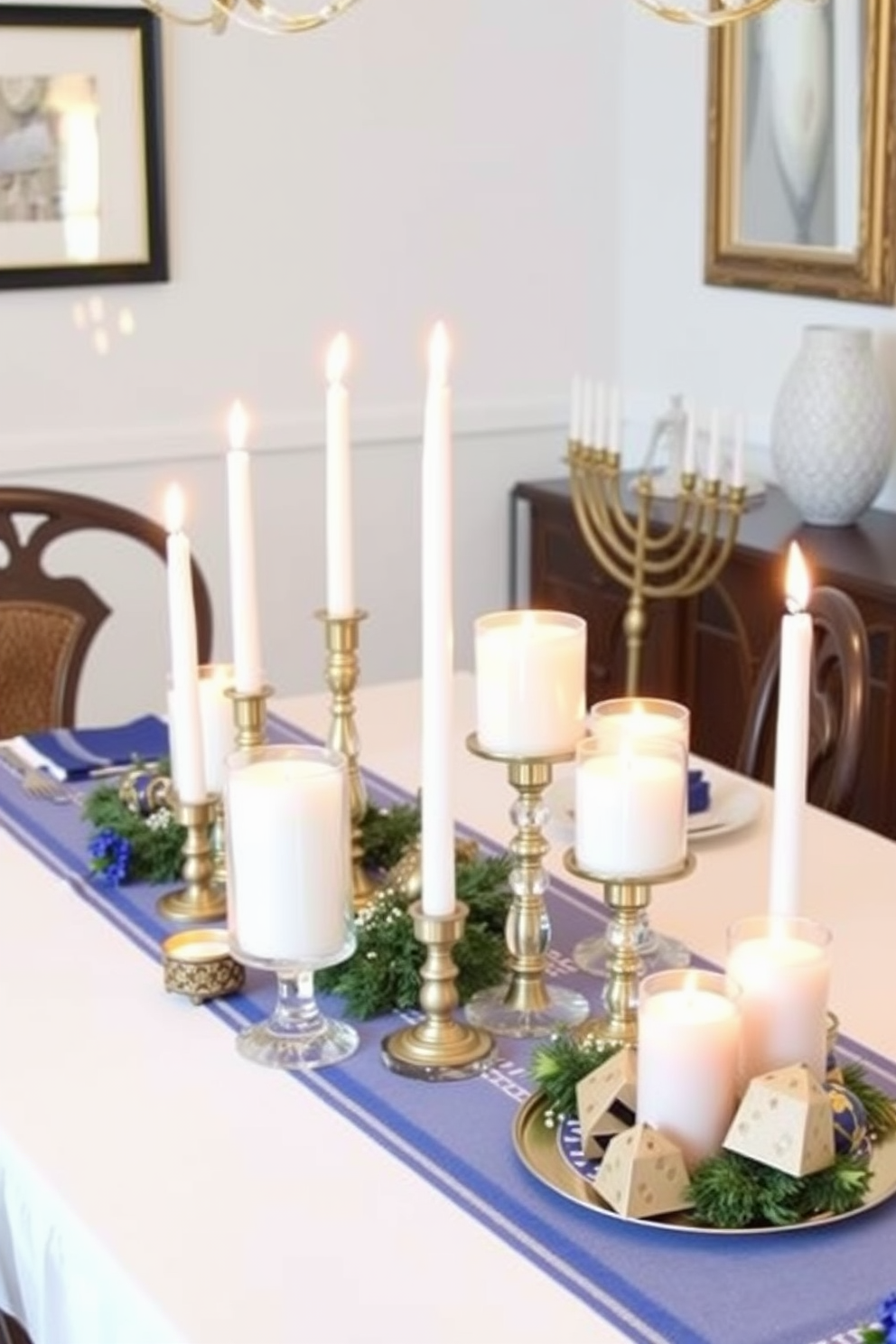 Charming candle arrangements for ambiance. The dining table is adorned with an assortment of candles in varying heights, arranged in elegant holders, casting a warm glow across the room. Dining Room Hanukkah Decorating Ideas. The space features a beautifully set table with a blue and white color scheme, incorporating traditional menorah centerpieces and decorative dreidels, creating a festive atmosphere.