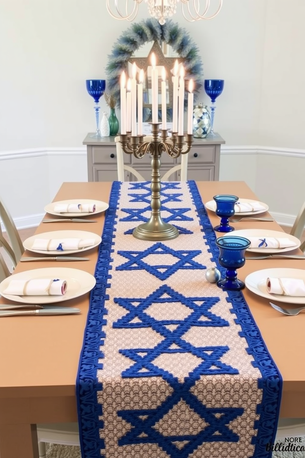 A beautifully set dining table for Hanukkah featuring handmade Star of David table runners. The table is adorned with elegant blue and silver decorations, with candles arranged in a decorative menorah at the center.