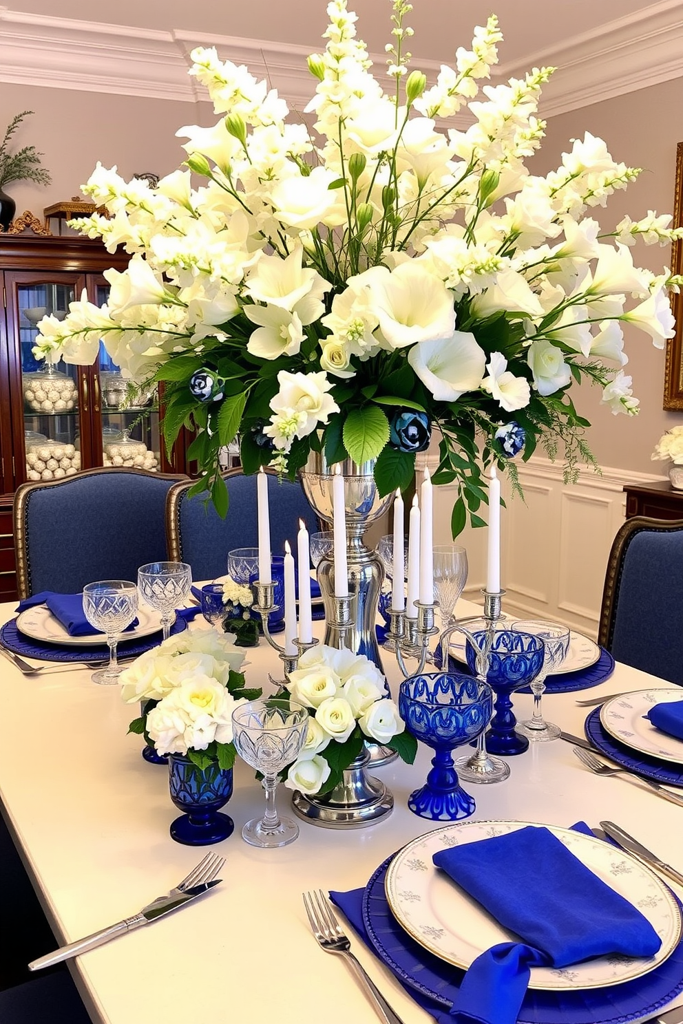 Create a festive dining room setting adorned with elegant floral arrangements featuring white blooms. The table is beautifully set for Hanukkah, with blue and silver accents complementing the vibrant flowers.