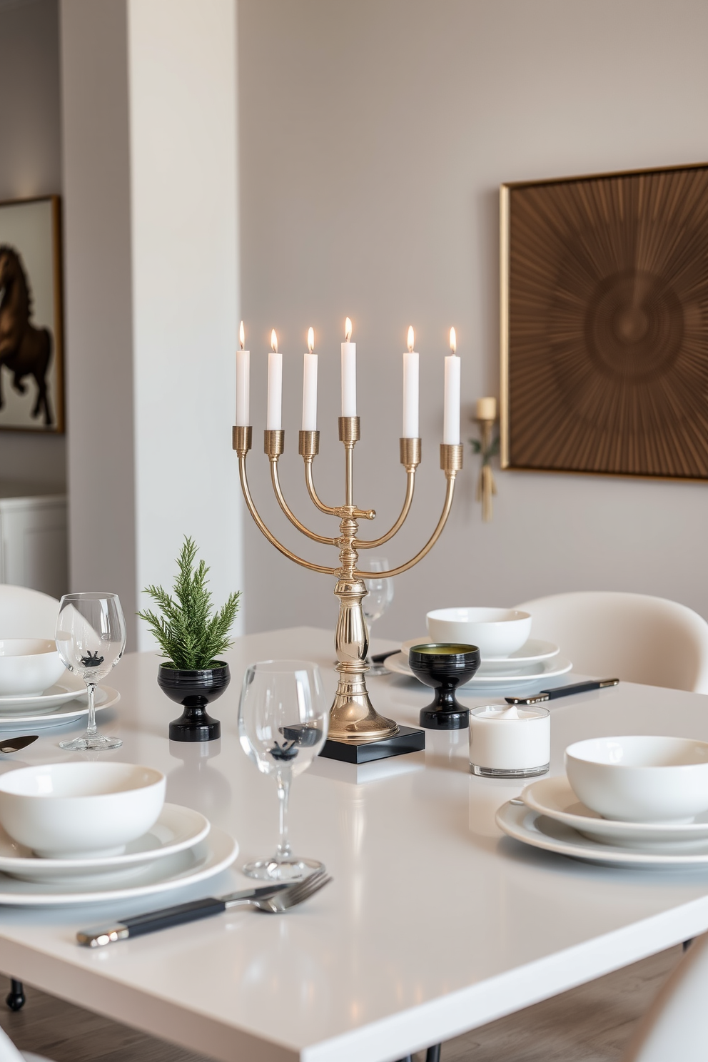 Create an elegant dining room setting for Hanukkah featuring personalized napkin rings for each guest. The table is adorned with a rich blue tablecloth and gold accents, complemented by a centerpiece of candles and fresh greenery.