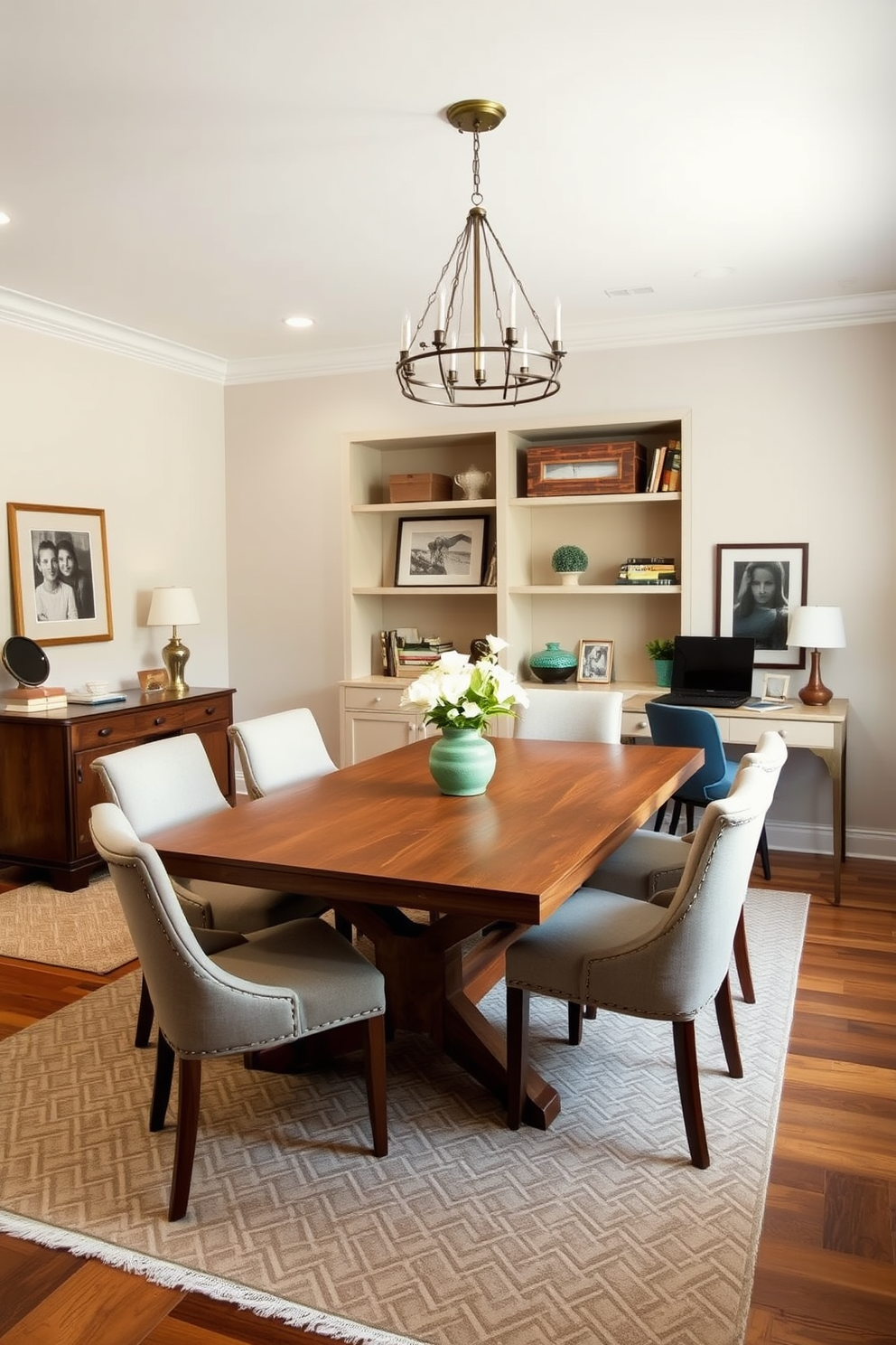 A cozy dining room office combo features a large wooden table surrounded by upholstered chairs. An area rug under the table defines the dining space while a stylish desk is placed nearby, creating a functional work area. The walls are painted in a soft neutral tone, enhancing the warmth of the wood. Decorative elements like framed art and a statement light fixture add personality to the combined space.