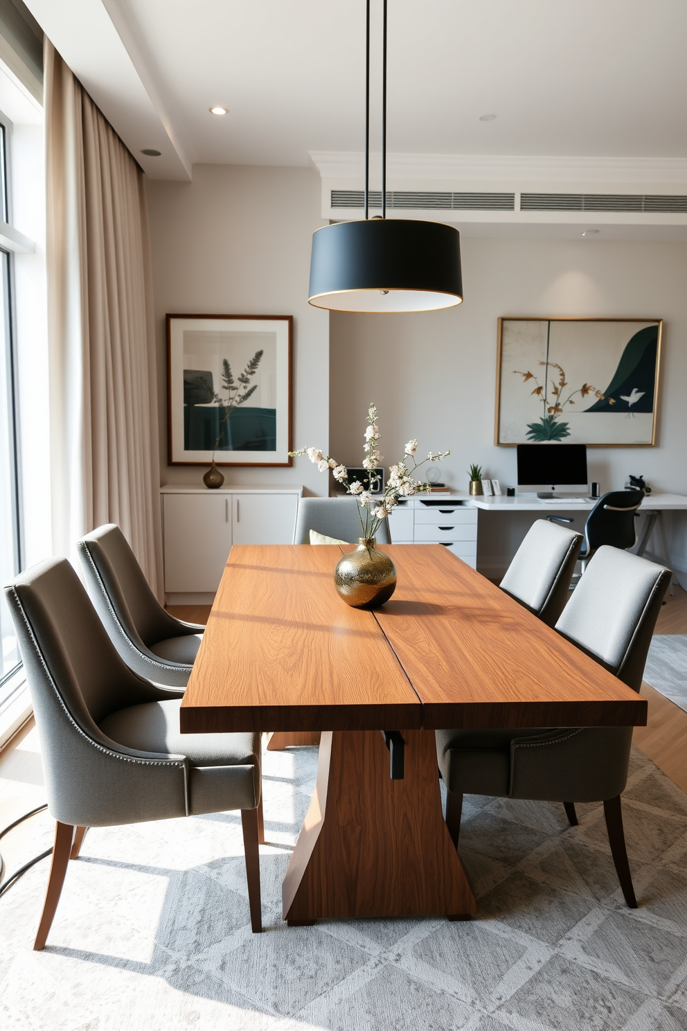 A stylish dining room office combo featuring a sleek wooden table surrounded by elegant upholstered chairs. The space is designed with hidden cables integrated into the furniture to maintain a clean and uncluttered look. The office area includes a modern desk with a minimalist design, positioned against a wall adorned with tasteful artwork. Natural light floods the room through large windows, enhancing the inviting atmosphere and blending functionality with sophistication.