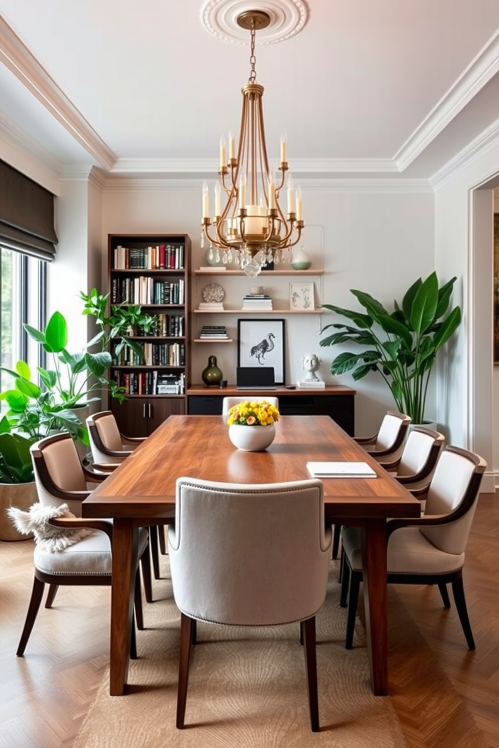 A stylish dining room office combo featuring a large wooden table that serves as both a workspace and dining area. Surrounding the table are elegant chairs with soft upholstery, and a statement chandelier hangs above, providing ample light for both dining and work. In one corner, a tall bookshelf filled with books and decorative items adds character to the space. Lush green plants are strategically placed around the room, bringing a refreshing touch of nature and enhancing the overall ambiance.