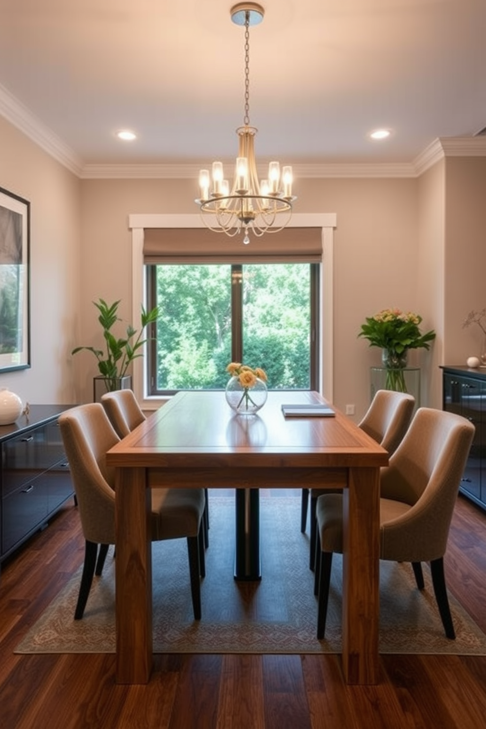 A stylish dining room office combo features a sleek wooden dining table repurposed as a functional desk. Surrounding the table are elegant upholstered chairs that provide comfort for both dining and working. The space is illuminated by a modern chandelier hanging above the table, adding a touch of sophistication. A large window allows natural light to flood in, enhancing the warm tones of the room's decor.