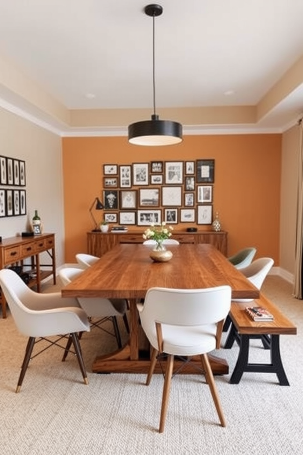 A modern dining room office combo featuring a large wooden table that doubles as a workspace. The space includes a chalkboard wall for notes, surrounded by stylish chairs that blend functionality with comfort. Natural light floods the room through large windows, highlighting the warm tones of the wooden furniture. A contemporary pendant light hangs above the table, adding a touch of elegance to the functional design.