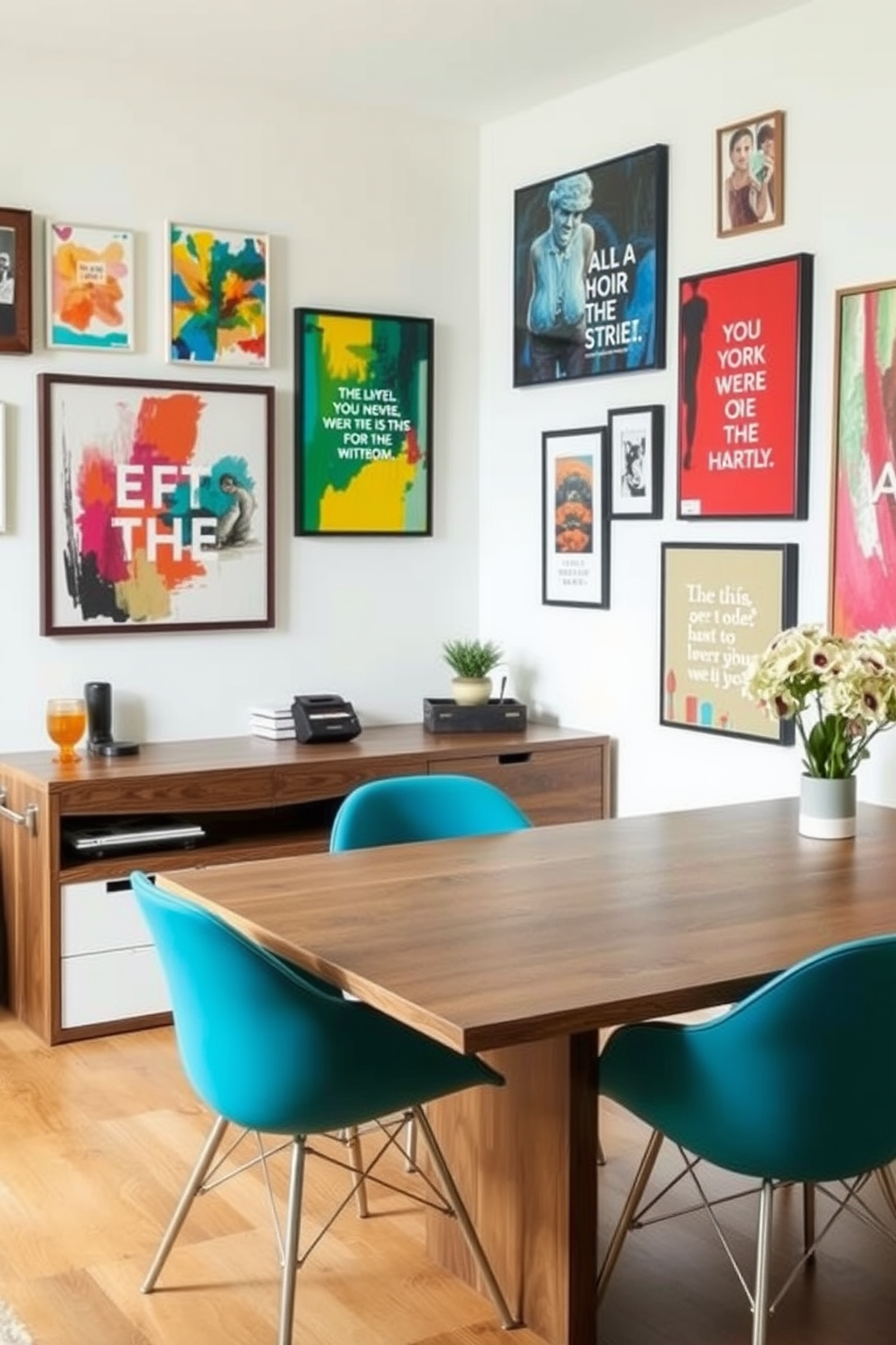 A dining room office combo features a large wooden table that serves as both a dining surface and a workspace. Above the table, layered lighting includes a modern chandelier and adjustable pendant lights to create a warm ambiance. The walls are painted in a soft gray, complemented by an accent wall with open shelving displaying decorative items and books. A comfortable upholstered chair is placed at one end of the table, while stylish dining chairs surround the rest.