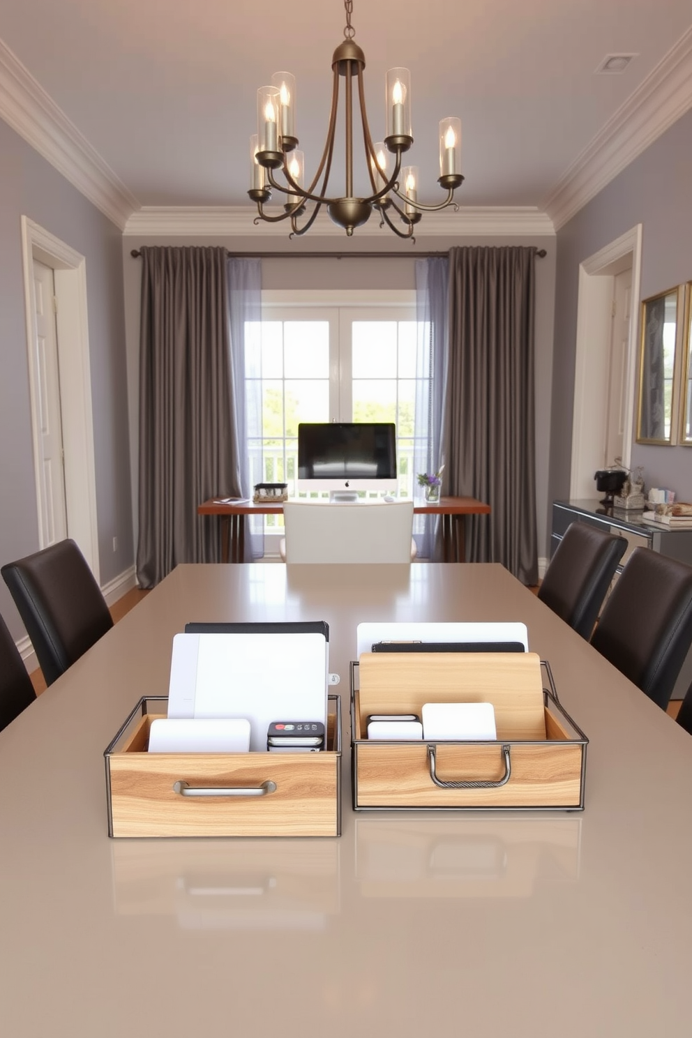 A stylish room divider elegantly separates the dining area from the office space in a modern open-concept layout. The dining area features a sleek wooden table surrounded by upholstered chairs, while the office section showcases a contemporary desk with a comfortable ergonomic chair.