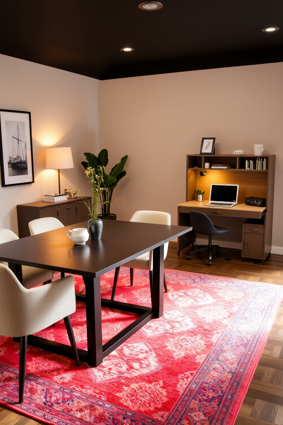 A stylish shelving unit in a home office setting showcases neatly organized office supplies. The shelves are made of light wood and feature decorative boxes for storage, accompanied by a small potted plant for a touch of greenery. The dining area seamlessly blends with the office space, featuring a sleek table that serves both purposes. Comfortable chairs surround the table, and a statement light fixture hangs above, creating an inviting atmosphere for work and dining.