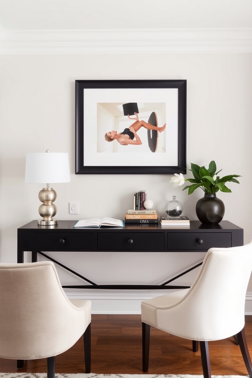 A stylish dining room office combo featuring a sleek wooden table surrounded by elegant upholstered chairs. In one corner, a comfortable office chair complements the workspace, which includes a modern desk with organized stationery and a small potted plant for a touch of greenery.