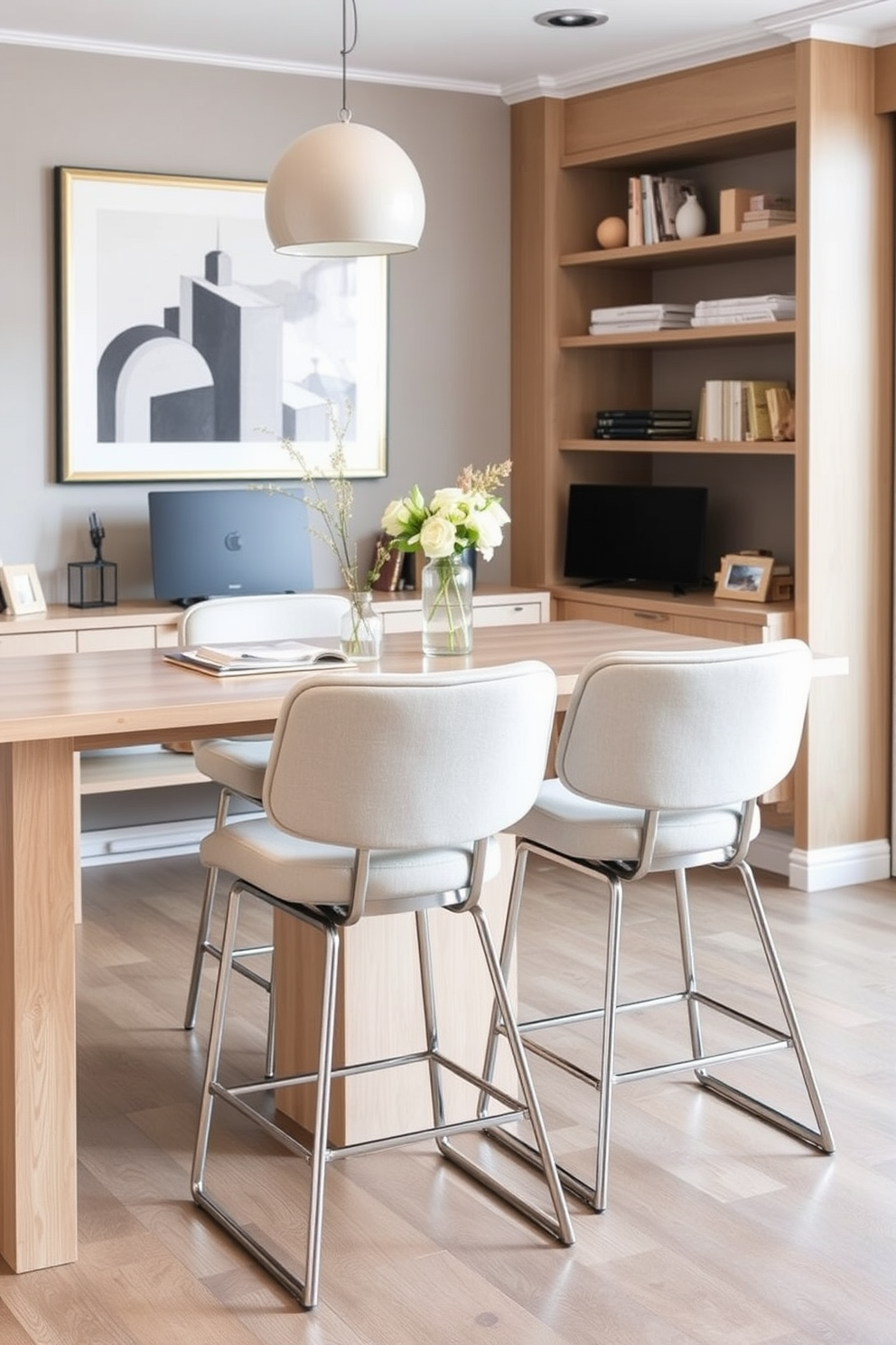 A stylish dining room and office combo featuring a sleek wooden table surrounded by upholstered chairs. In one corner, decorative boxes in various sizes are neatly arranged on a shelf, providing stylish storage for paperwork and office supplies. The walls are painted in a soft neutral tone, enhancing the room's warmth and inviting atmosphere. A contemporary desk with clean lines sits adjacent to the dining area, seamlessly blending functionality with aesthetic appeal.