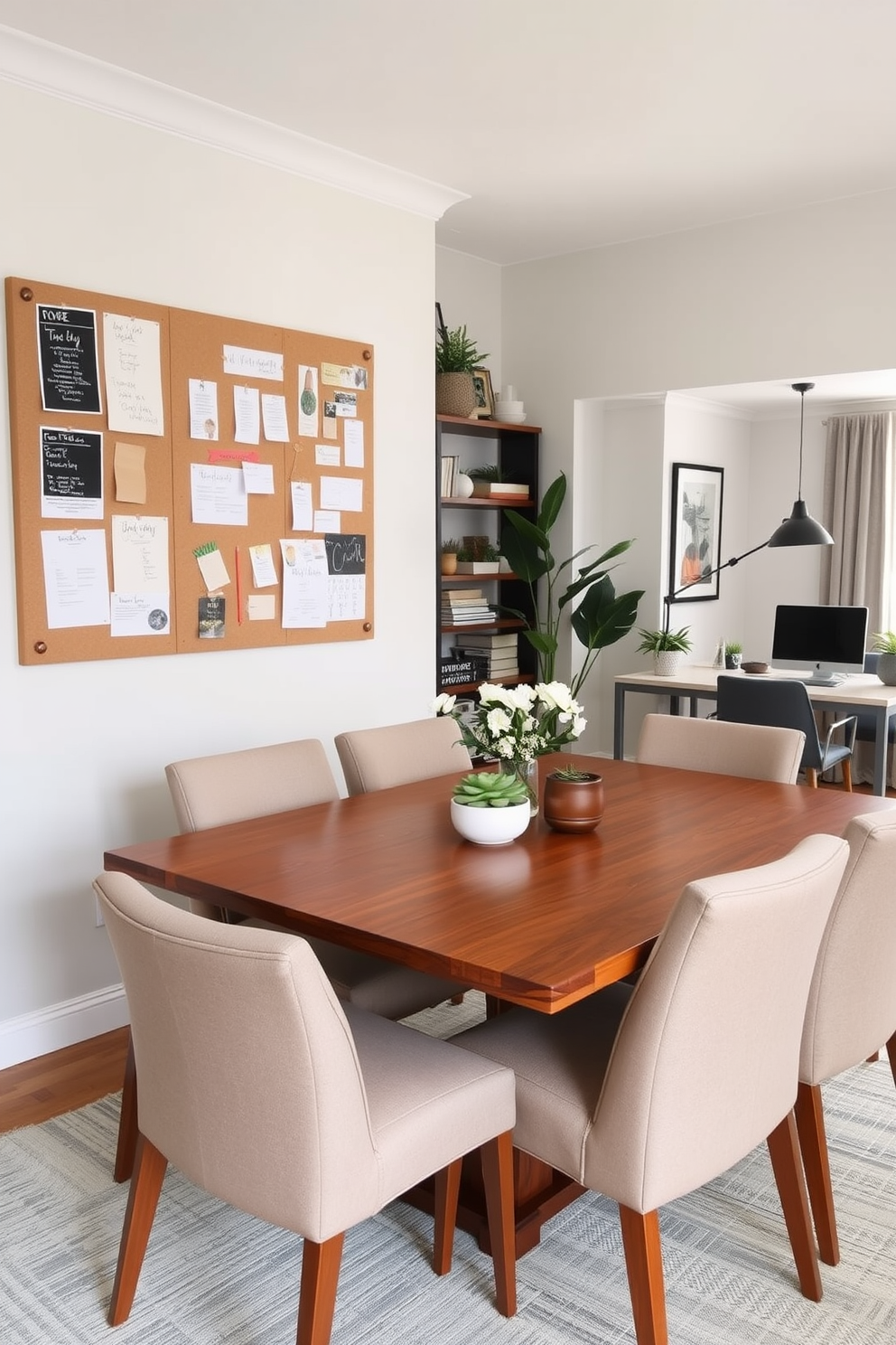 A stylish dining room office combo featuring a sleek wooden dining table surrounded by upholstered chairs. On one wall, a large bulletin board is mounted for reminders and inspiration, blending functionality with aesthetics. The office area includes a modern desk that complements the dining furniture, positioned near a window for natural light. Decorative elements such as plants and artwork enhance the space, creating a harmonious balance between work and dining.