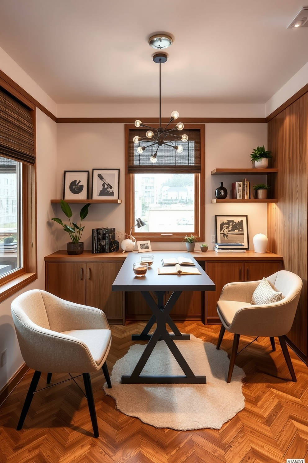 A stylish dining room office combo features a sleek wooden table that serves as both a dining surface and a workspace. Surrounding the table are comfortable upholstered chairs that blend elegance with functionality. In one corner, a small coffee station is set up with a modern espresso machine and a selection of mugs neatly arranged on a floating shelf. The walls are painted in a soft gray tone, while the flooring consists of warm hardwood, creating a cozy and inviting atmosphere.