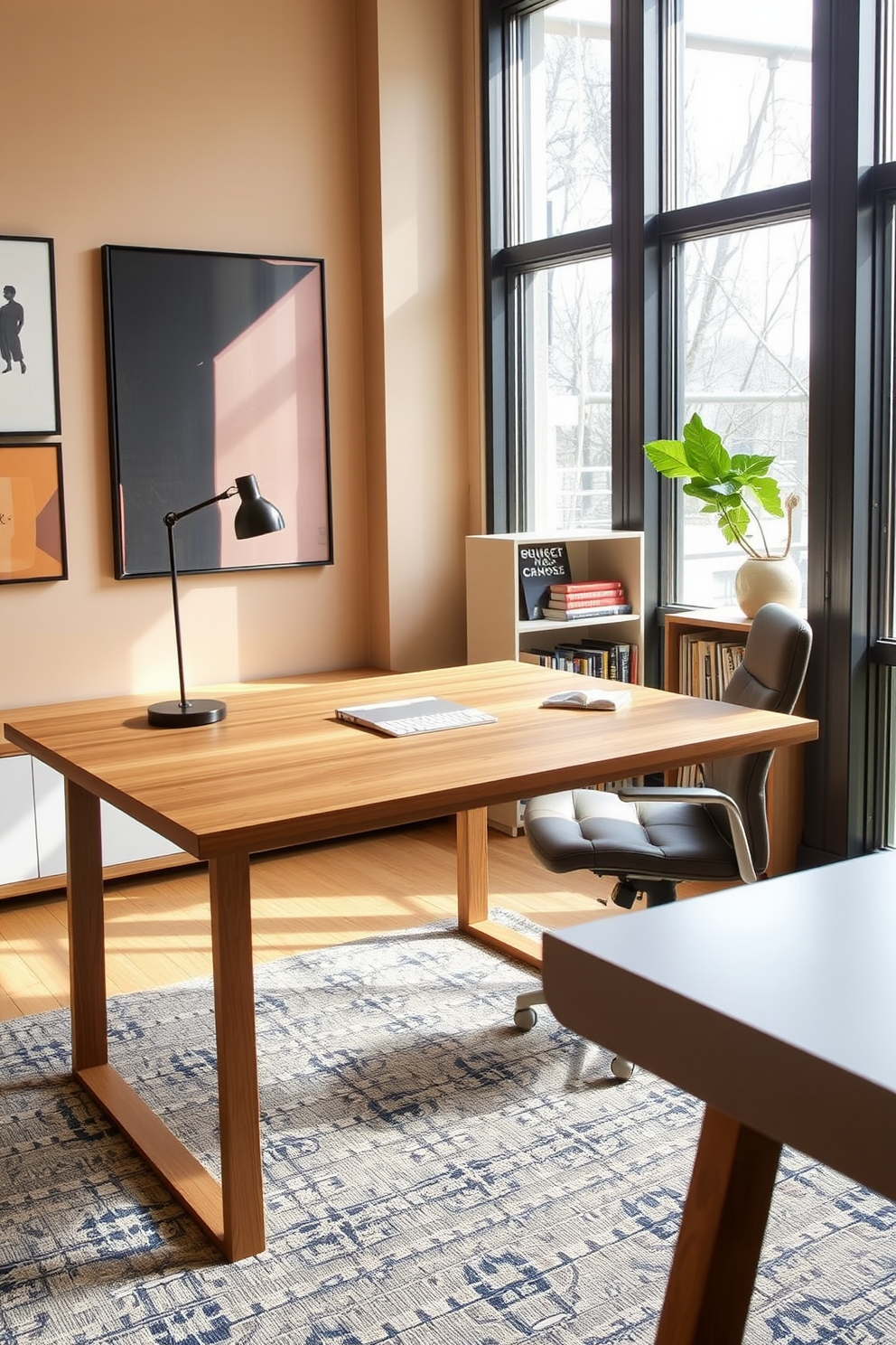 A stylish dining room office combo featuring a sleek wooden table that doubles as a workspace. A comfortable ergonomic chair is positioned at the table, complementing the modern decor with clean lines and a warm color palette. The walls are adorned with art pieces that inspire creativity, while natural light floods the space through large windows. A small bookshelf filled with design books is placed in the corner, adding functionality and charm to the room.