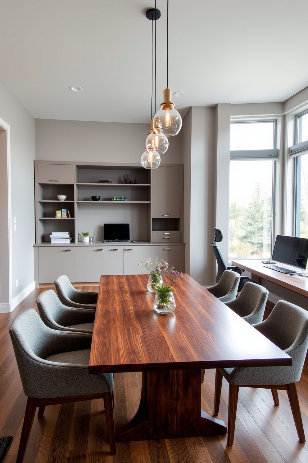 A modern dining room office combo features a sleek wooden table surrounded by stylish upholstered chairs. A large wall-mounted mirror reflects natural light, making the space feel more open and inviting. In one corner, a compact desk with a minimalist design complements the dining area. The walls are adorned with soft neutral tones, while a statement pendant light hangs above the table, enhancing the ambiance.