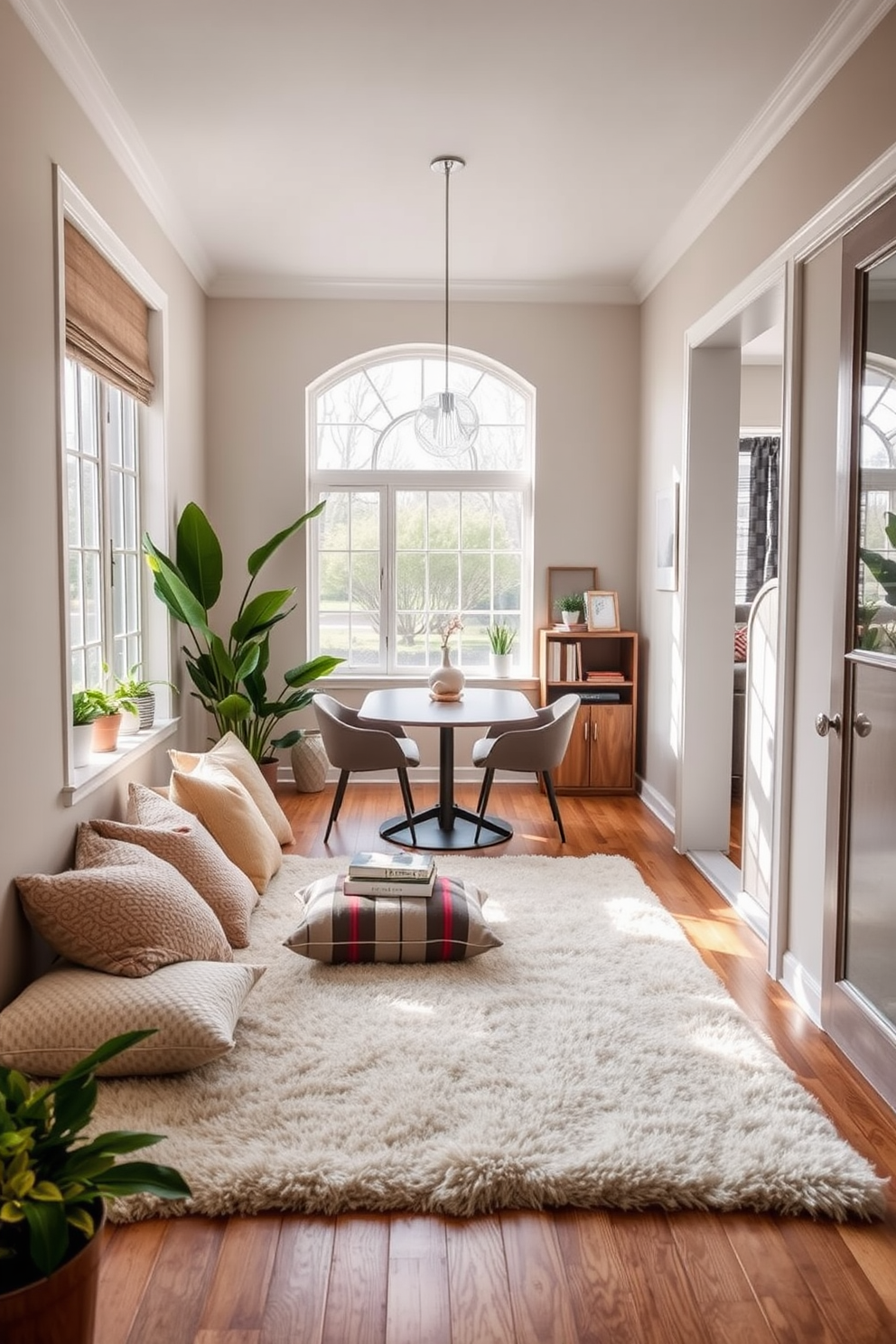 Create a cozy nook with plush cushions arranged on a soft area rug. The nook features a large window that invites natural light, with potted plants adding a touch of greenery. Design a dining room that seamlessly integrates with a home office. The dining table is positioned near the workspace, with stylish chairs that complement the overall aesthetic.