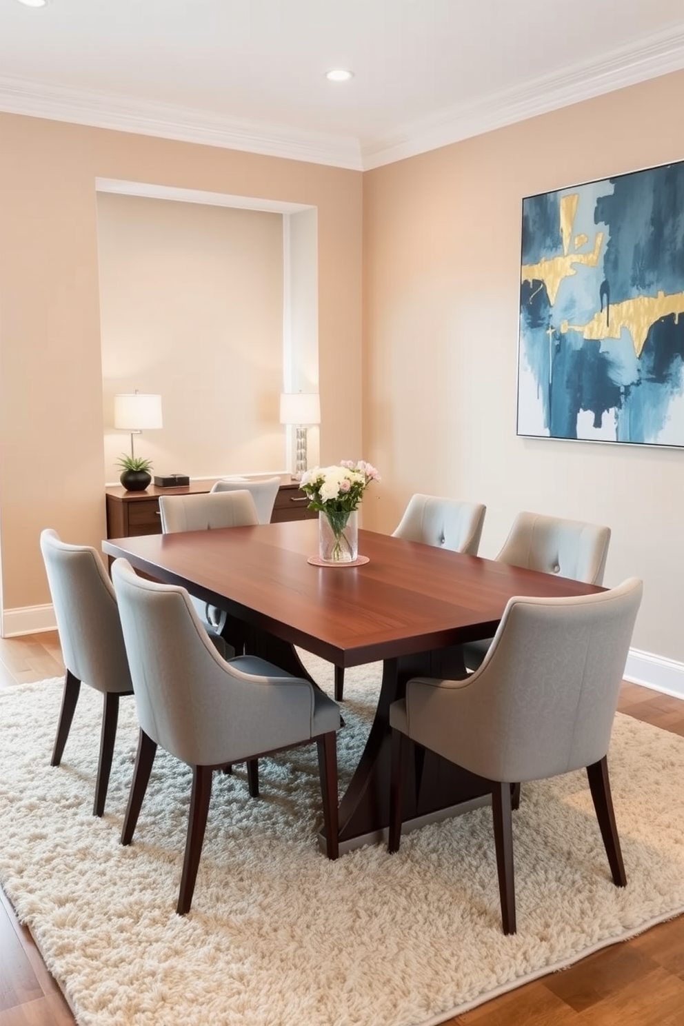 A harmonious dining room office combo featuring a sleek wooden table surrounded by upholstered chairs in soft gray. The walls are painted in a warm beige tone, complemented by a large abstract artwork that incorporates shades of blue and gold for a cohesive look. In the corner, a stylish desk with a matching chair creates a dedicated workspace while maintaining the overall aesthetic. A plush area rug in neutral tones anchors the space, adding comfort and texture to the design.