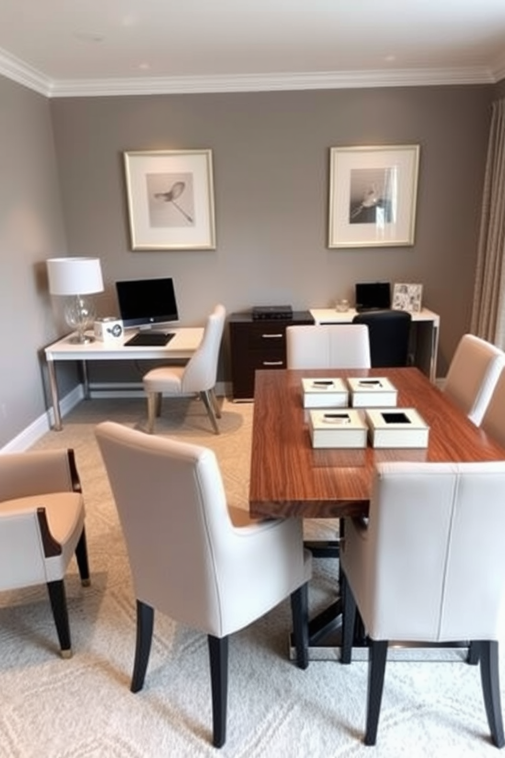 A stylish dining room office combo that seamlessly blends functionality and aesthetics. The space features a sleek wooden dining table surrounded by elegant upholstered chairs, with decorative boxes organized neatly on the tabletop for office supplies. To one side, a modern desk is integrated into the design, showcasing a minimalist look with a stylish lamp and a chic organizer. Soft lighting illuminates the area, creating a warm and inviting atmosphere while maintaining a cohesive design throughout the room.