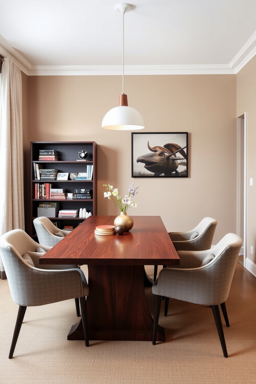 A stylish dining room office combo featuring a sleek wooden table surrounded by modern upholstered chairs. On one wall, a large bulletin board is mounted for reminders, adorned with notes and inspirational images, complementing the warm color palette of the space. The office area includes a minimalist desk with a comfortable ergonomic chair, positioned near a window for natural light. Decorative elements such as potted plants and artwork create a harmonious blend of functionality and aesthetics.