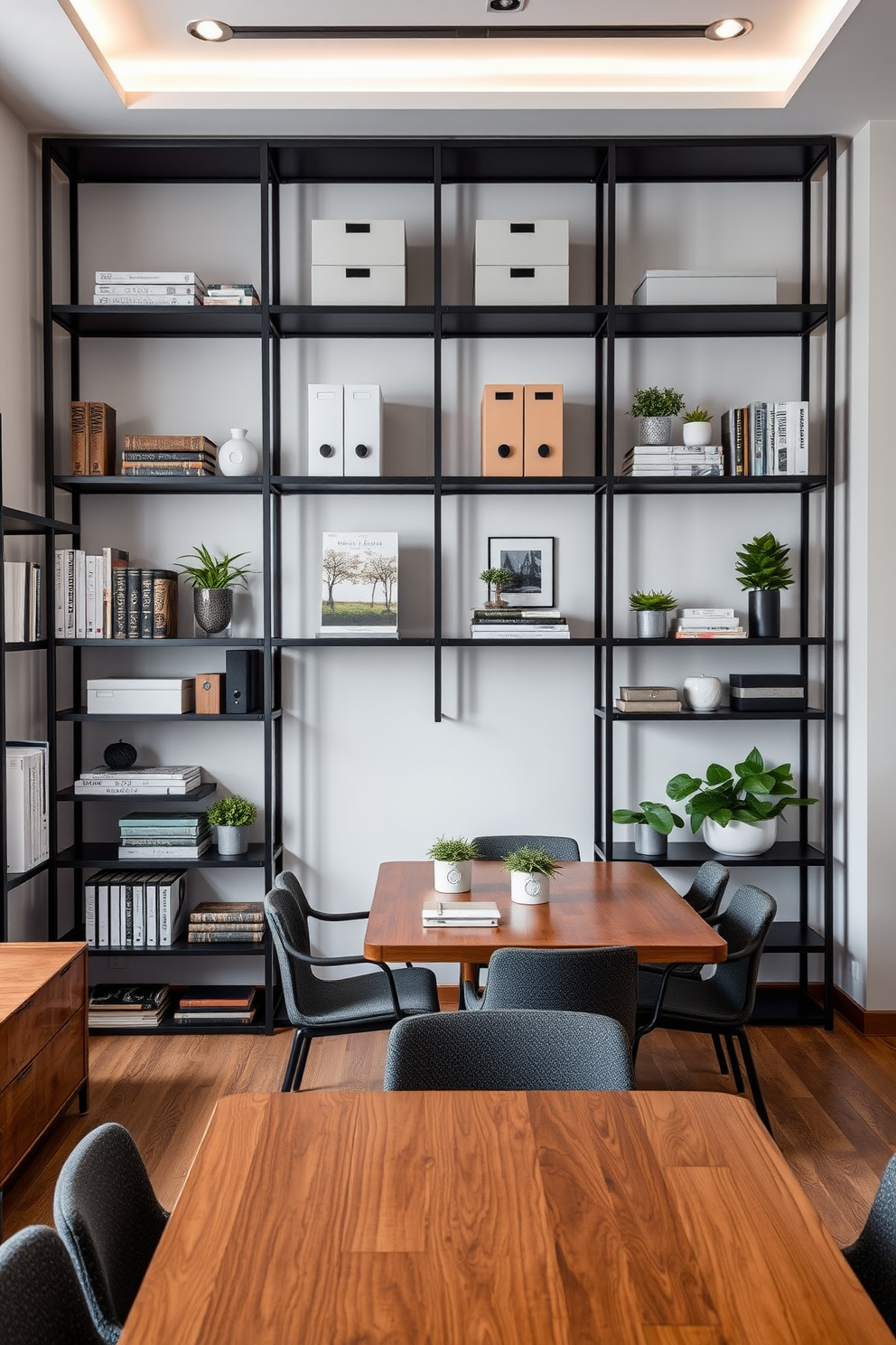 A modern office space featuring wall-mounted shelves for organized storage of office supplies. The shelves are made of sleek black metal and are filled with neatly arranged books, decorative boxes, and plants. Adjacent to the office area, there is a stylish dining room that blends functionality with elegance. A large wooden table sits at the center, surrounded by comfortable chairs, creating a perfect spot for meetings and meals.