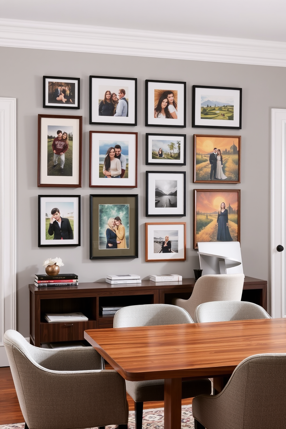 Create a gallery wall with personal art showcasing a mix of framed photographs and original paintings. The wall is painted in a soft gray color to enhance the vibrancy of the artwork. Design a dining room office combo that features a sleek wooden table surrounded by comfortable upholstered chairs. The office area includes a stylish desk with modern storage solutions, blending functionality with elegance.