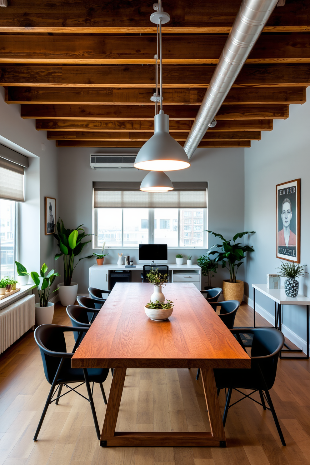 A bright and inviting dining workspace features a large wooden table surrounded by stylish chairs. Above the table, sleek pendant lights provide ample task lighting, creating an ideal atmosphere for both dining and working. The room seamlessly blends a dining area with an office setup, showcasing a modern desk tucked into one corner. Decorative elements like potted plants and artwork enhance the overall aesthetic, making it a functional yet elegant space.