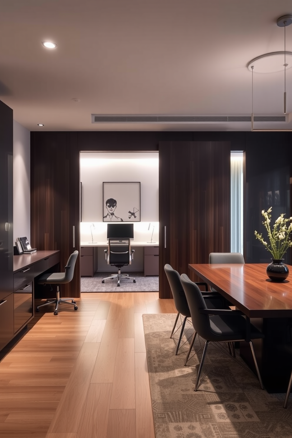 A modern dining room office combo featuring sliding doors that elegantly separate the work area from the dining space. The dining table is surrounded by stylish chairs, while the office area includes a sleek desk and ergonomic chair, creating a harmonious balance between functionality and aesthetics.