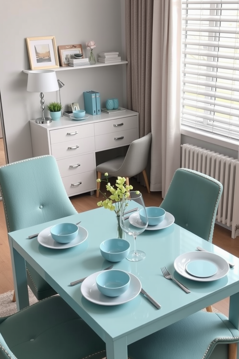 A cozy dining room office combo features a large wooden table that serves as the centerpiece. Surrounding the table are modern chairs with soft upholstery, and a stylish pendant light hangs above. In one corner, a tall bookshelf filled with books and decorative items adds character to the space. Lush green plants are strategically placed around the room, bringing a fresh vibe and enhancing the overall aesthetic.