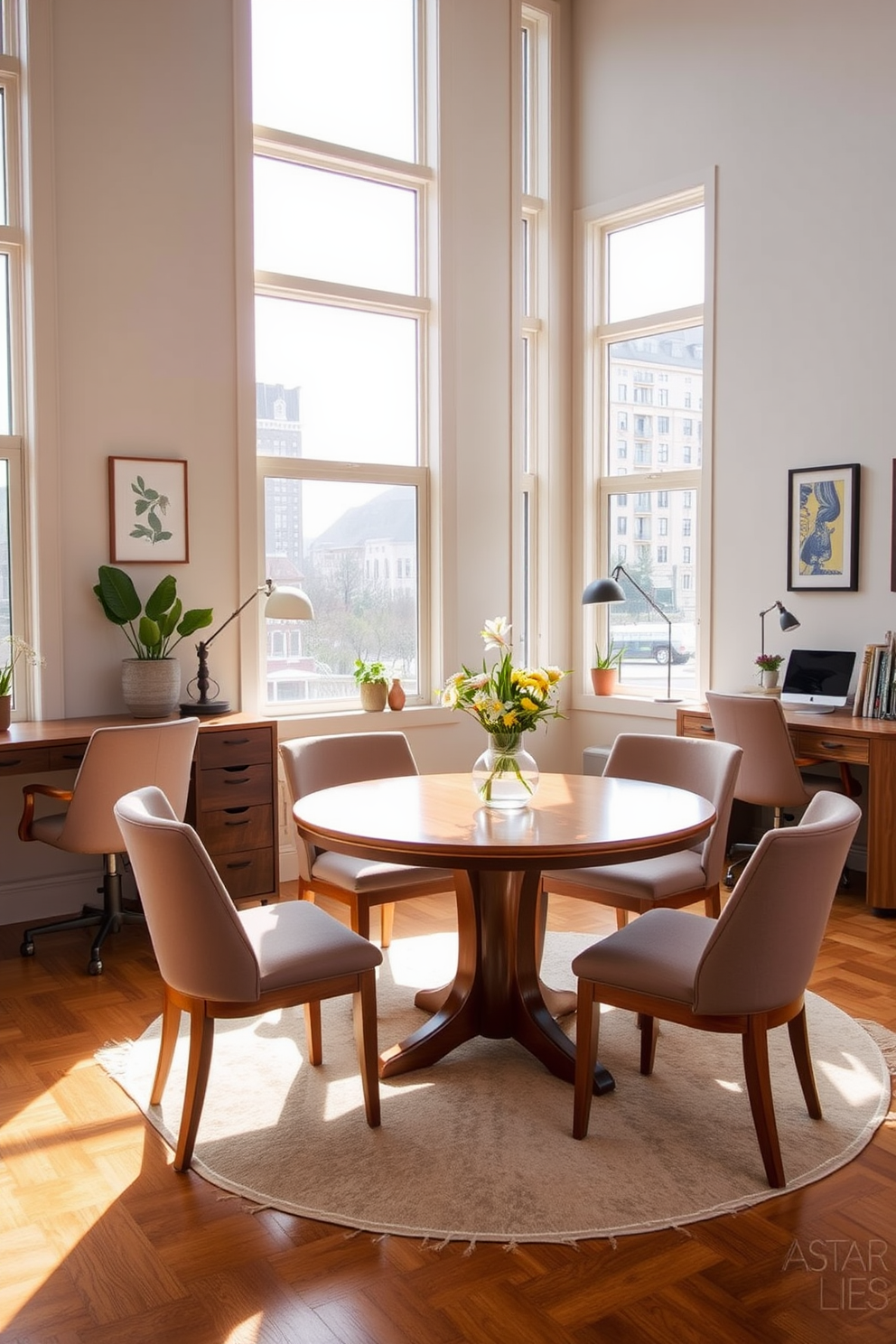 A round table sits at the center of a versatile dining room office combo, surrounded by comfortable upholstered chairs. The space features large windows that allow natural light to flood in, enhancing the warm wooden tones of the furniture. On one side of the room, a stylish desk complements the round table, creating a seamless transition between dining and workspace. Decorative elements such as plants and artwork adorn the walls, adding a touch of personality and vibrancy to the environment.