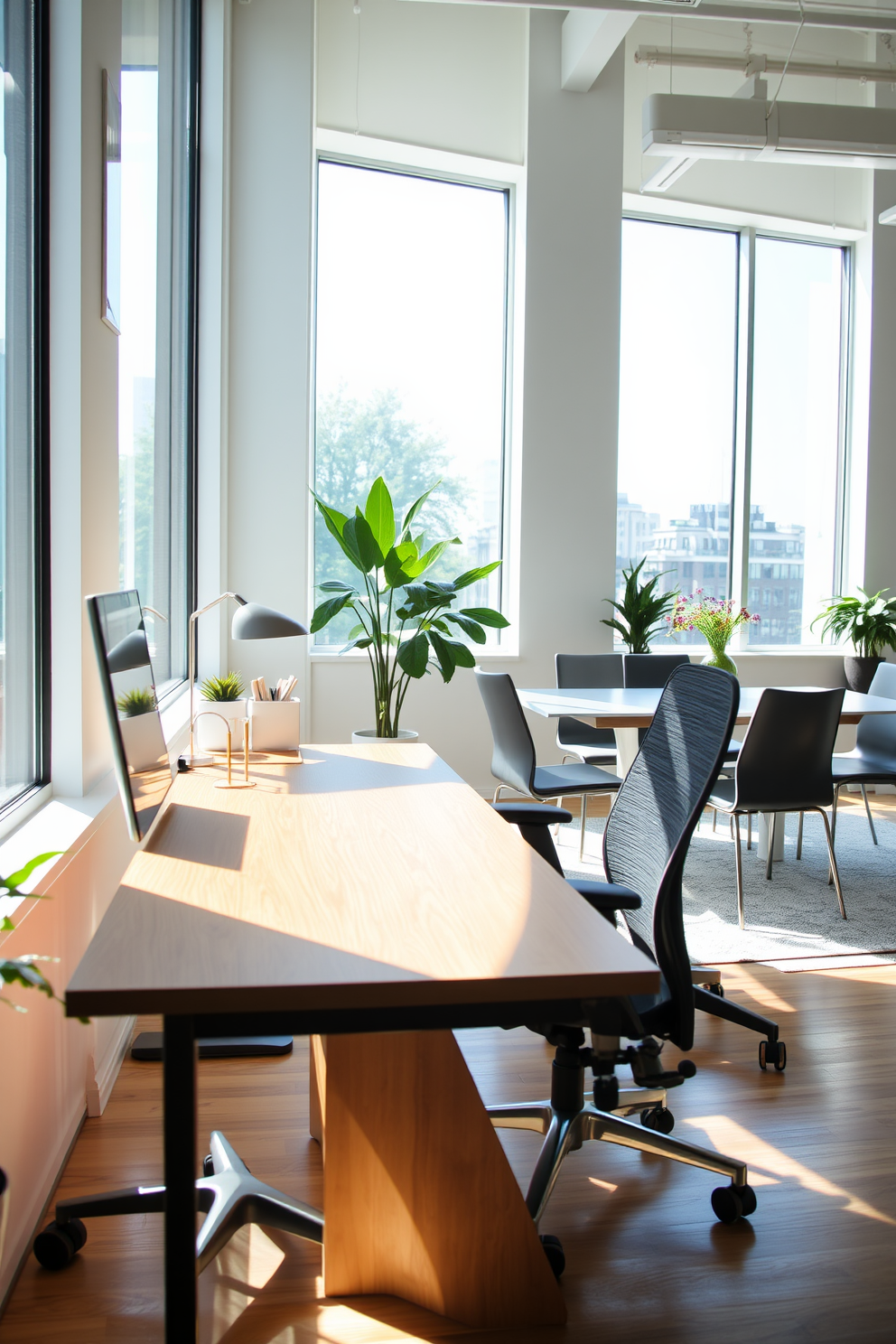 A bright and airy workspace that seamlessly blends with a dining area. Large windows allow natural light to flood the room, highlighting a sleek wooden desk paired with a comfortable ergonomic chair. The dining area features a modern table surrounded by stylish chairs, creating an inviting atmosphere for meetings and meals. Decorative elements like plants and artwork enhance the space, making it both functional and aesthetically pleasing.