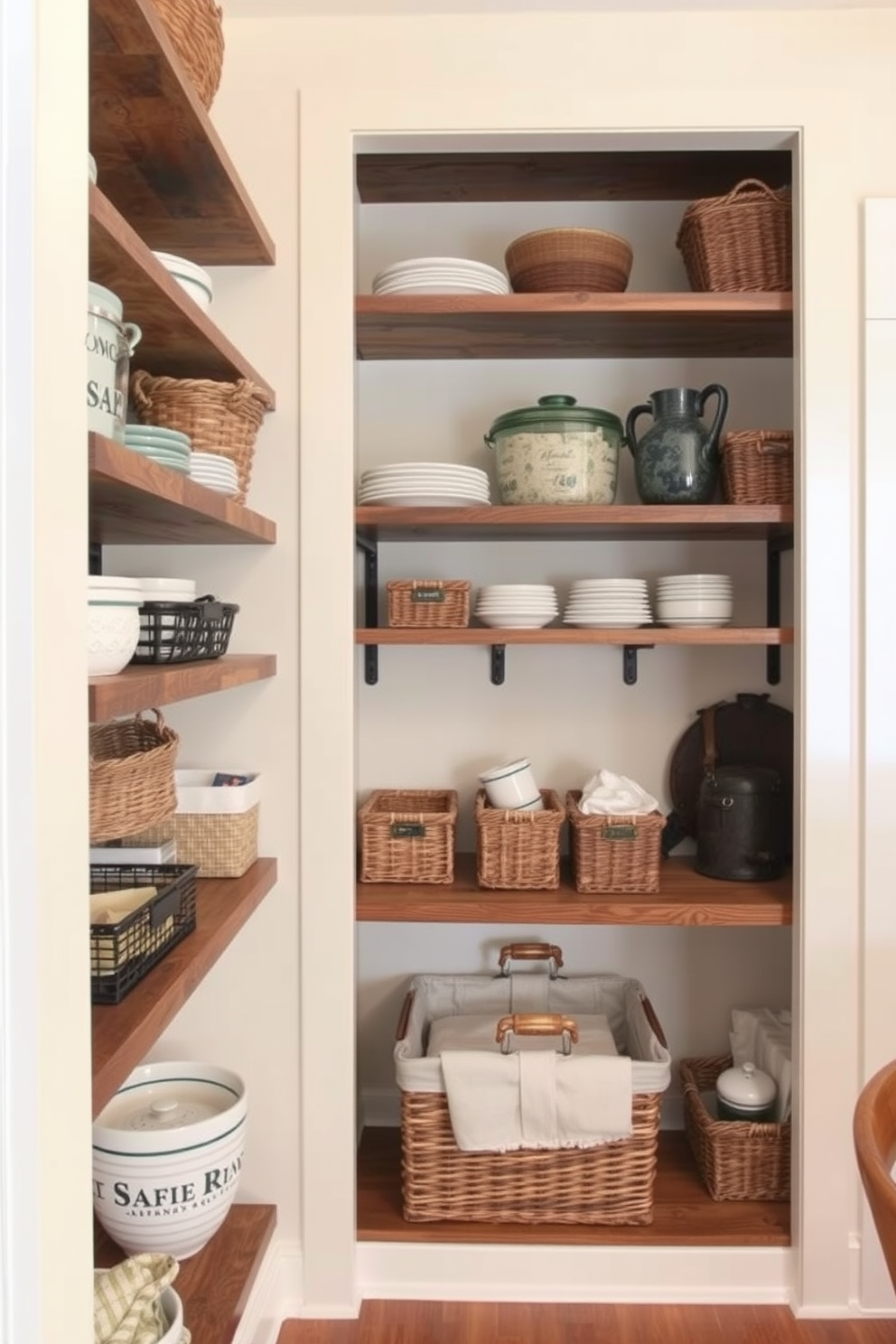 Open shelving lines the walls of a cozy dining room pantry, showcasing an array of colorful dishes and glassware for easy access. The warm wooden shelves are complemented by soft, ambient lighting that highlights the curated collection of jars and containers filled with pantry staples.