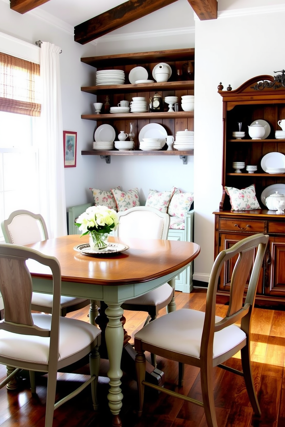 A charming dining room featuring vintage furniture pieces. The centerpiece is a beautifully restored wooden dining table surrounded by mismatched upholstered chairs in soft pastel colors. To the side, a vintage hutch displays an array of antique dishware and glassware. The pantry design incorporates reclaimed wood shelves and a cozy reading nook with a small window seat, adorned with cushions in floral patterns.