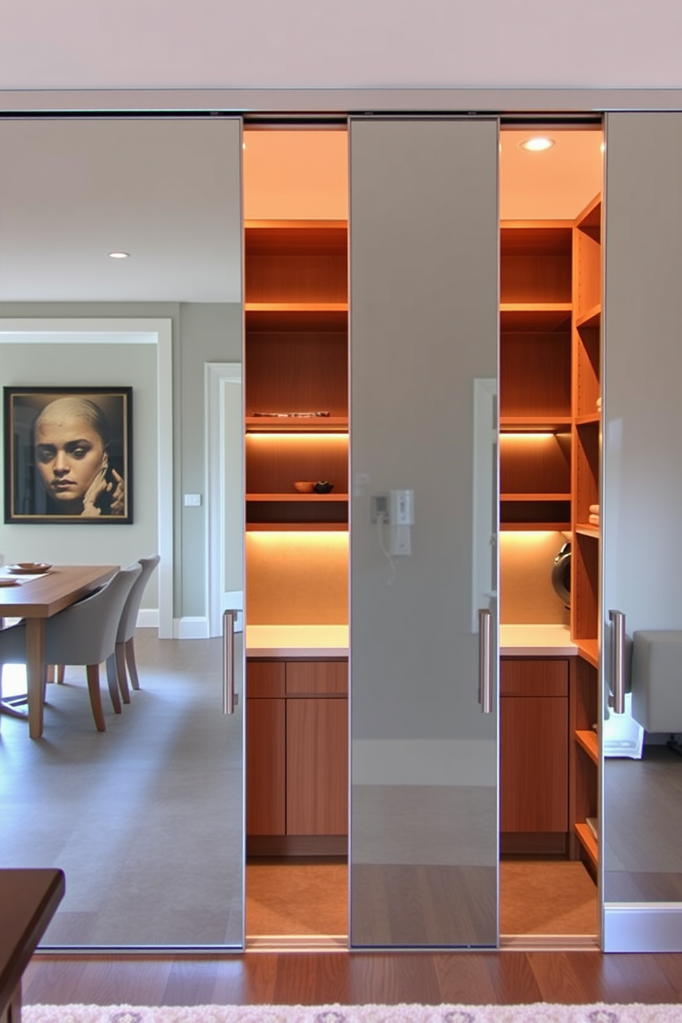 A spacious dining room pantry designed with mirrored sliding doors to create an illusion of depth and openness. The interior features custom shelving for organized storage, with a warm wood finish that complements the dining area. The pantry is illuminated by recessed lighting that highlights the sleek surfaces of the mirrors. A small countertop area is included for easy access to items, enhancing functionality while maintaining a stylish appearance.