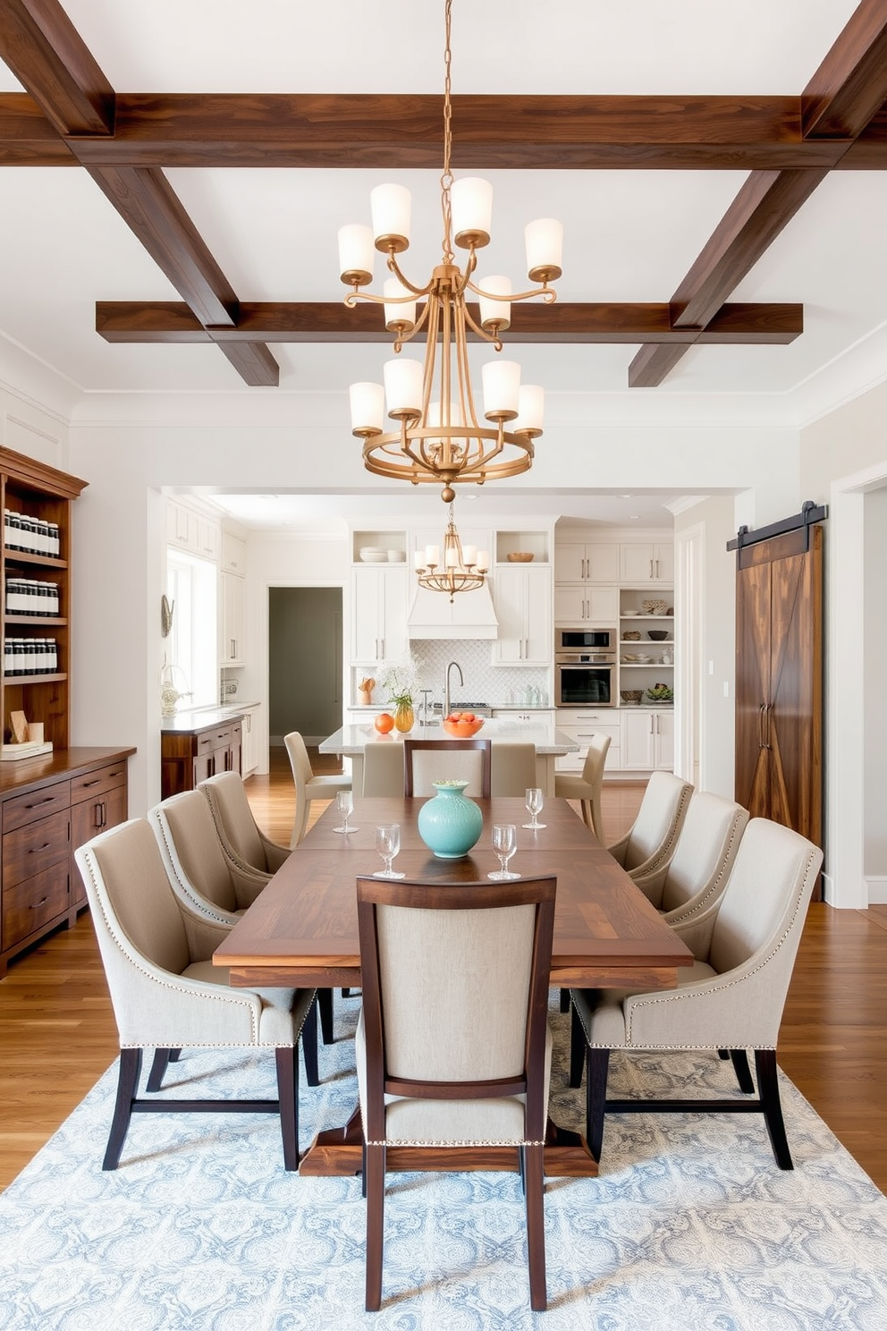 Open concept design for flow. The dining room seamlessly connects to the kitchen, featuring a large wooden table surrounded by upholstered chairs, with a statement chandelier hanging above. Pantry design ideas. The pantry showcases custom shelving with labeled containers, a small countertop for meal prep, and a sliding barn door that adds rustic charm.