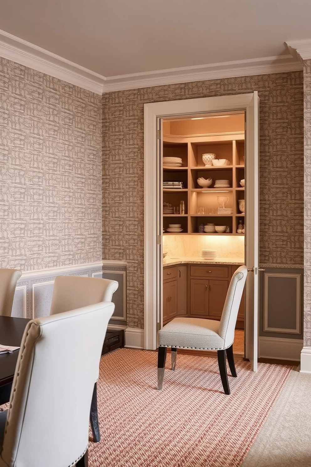 Textured wallpaper in a dining room creates a warm and inviting atmosphere. The design features subtle patterns that enhance the overall aesthetic while complementing the dining furniture. The pantry showcases elegant shelving with a mix of open and closed storage options. Soft lighting highlights the organized space, making it both functional and visually appealing.