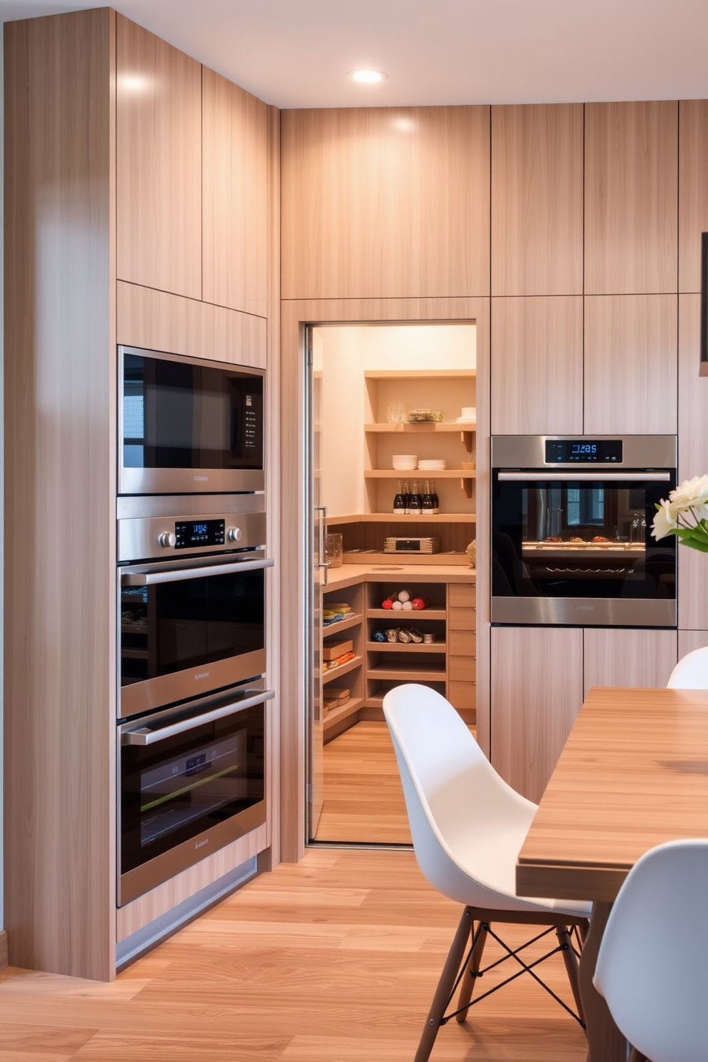 A cozy pantry featuring a small countertop workspace. The walls are painted in a soft cream color, and the shelves are stocked with neatly organized jars and containers. A rustic wooden countertop is positioned in the center, complemented by a couple of bar stools for casual seating. The floor is adorned with warm, natural wood planks, creating an inviting atmosphere.