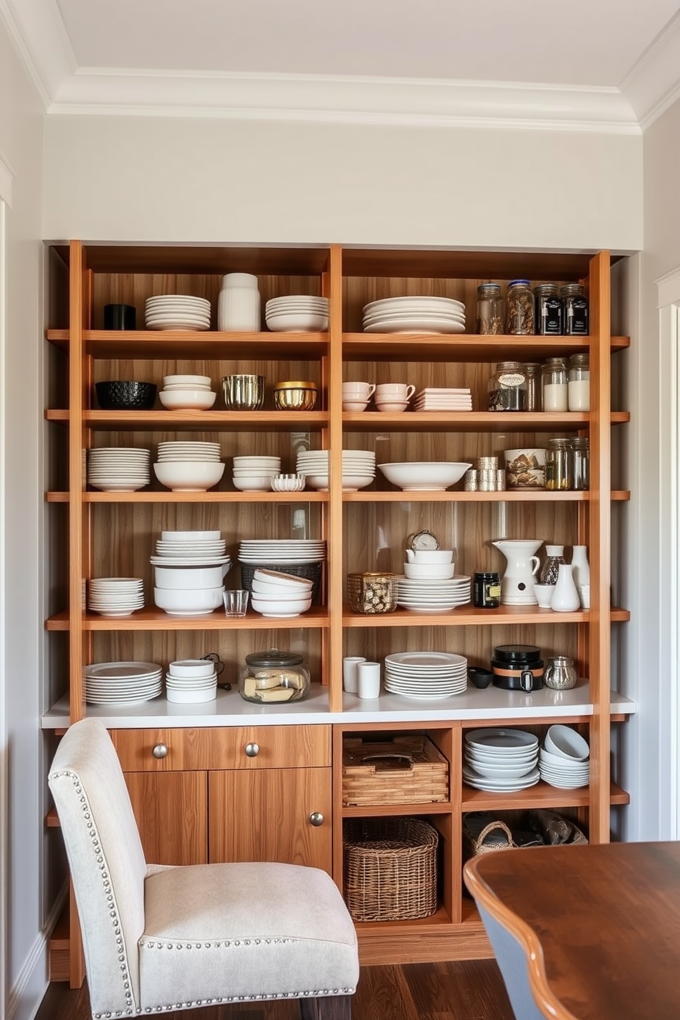 A cozy dining room pantry featuring decorative baskets for stylish storage. The baskets are woven in natural fibers and arranged on open shelves, adding warmth and texture to the space. The pantry walls are painted in a soft, neutral tone that complements the wooden shelving. A small, rustic table is placed in front of the pantry, adorned with fresh herbs in terracotta pots for a touch of greenery.