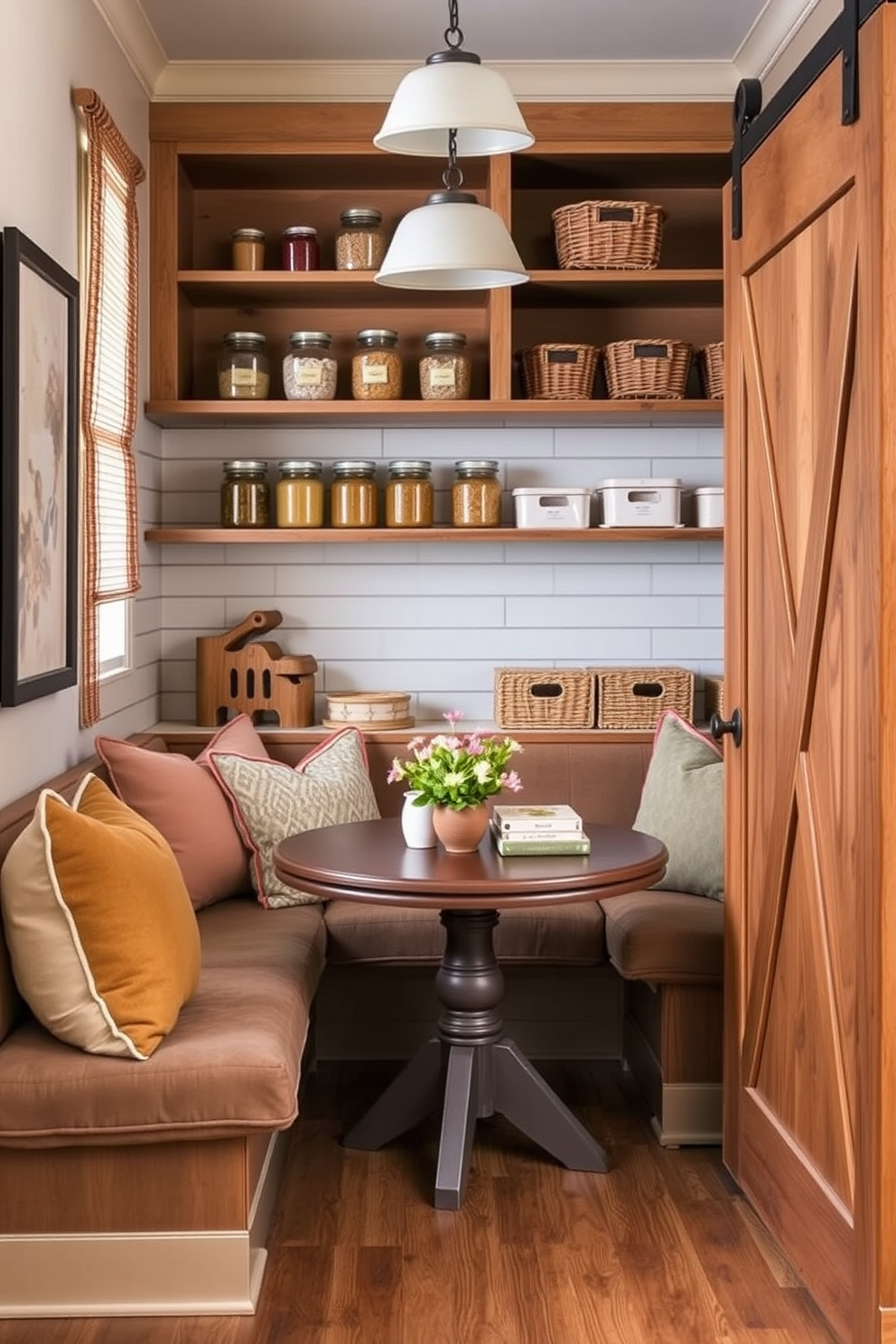 Cozy nook with cushions and pillows. A small round table is surrounded by plush seating, creating an inviting atmosphere for relaxation and conversation. Dining Room Pantry Design Ideas. The pantry features open shelving with neatly arranged jars and baskets, complemented by a sliding barn door for easy access.