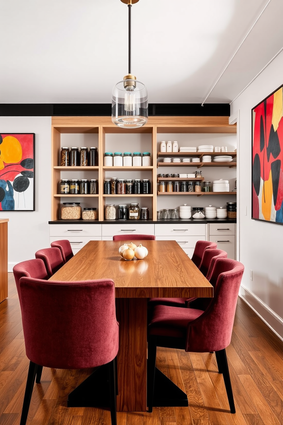 A dining room featuring a sleek wooden table surrounded by upholstered chairs in a rich color. The walls are adorned with bold abstract artwork that adds a vibrant touch to the space. A well-organized pantry with open shelving showcasing neatly arranged jars and containers. The design incorporates a mix of natural wood and modern metal accents for a stylish yet functional look.