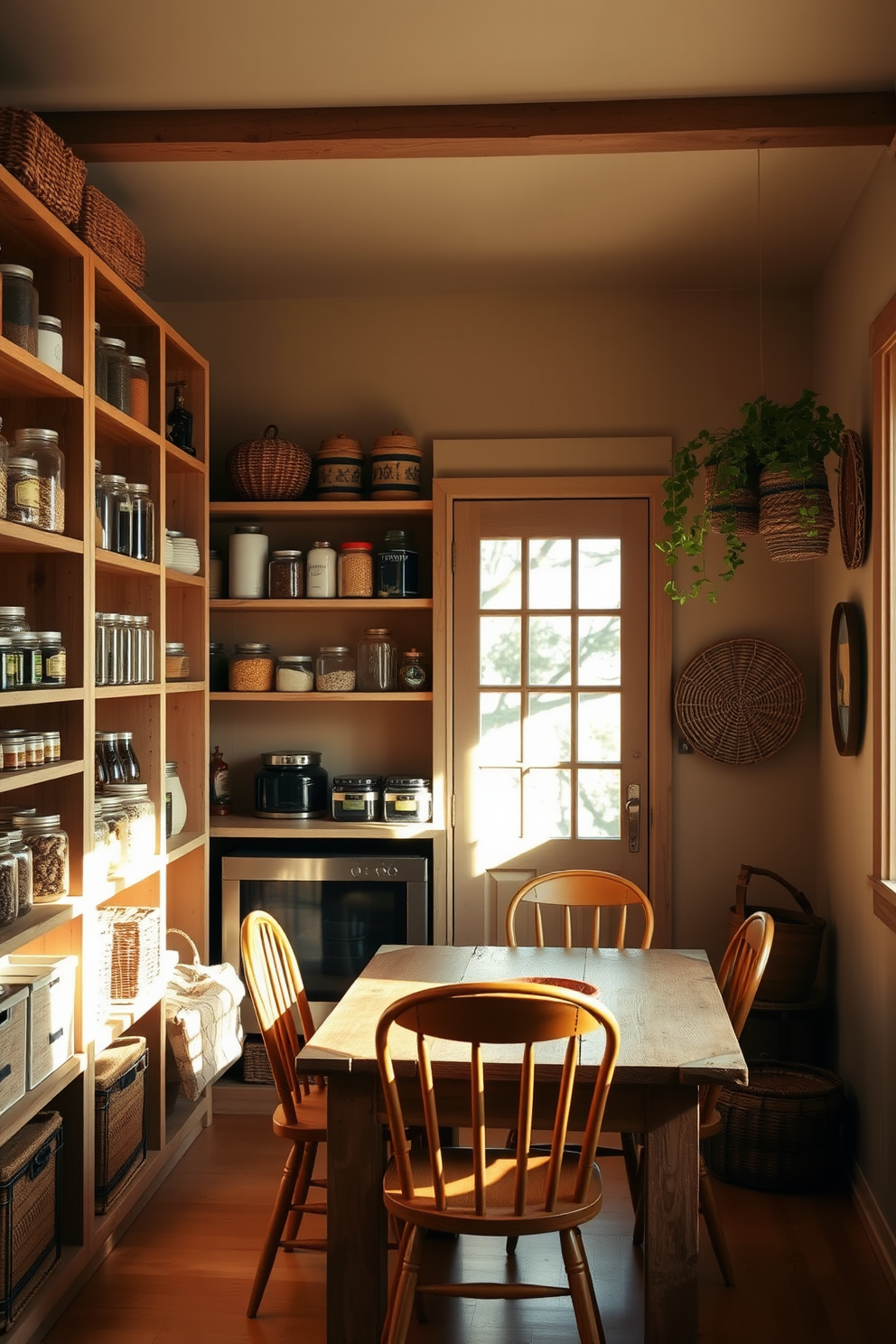 A stylish multi-functional pantry featuring a sleek breakfast bar with modern stools. The cabinetry is a blend of open shelves and closed storage, showcasing organized jars and kitchen essentials. The dining area is illuminated by a statement chandelier above a rustic wooden dining table. Surrounding the table are upholstered chairs that complement the warm tones of the pantry design.