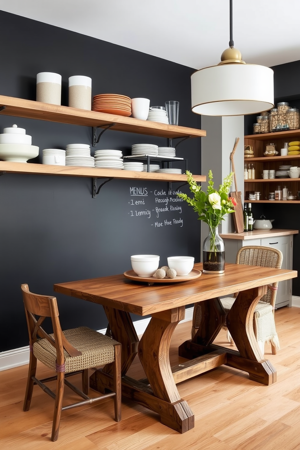 A spacious pantry featuring a built-in spice rack made of natural wood. The spice rack is organized with clear glass containers, and the pantry walls are painted in a soft cream color. The dining room adjacent to the pantry is elegantly designed with a large wooden table and upholstered chairs. A modern chandelier hangs above the table, creating a warm and inviting atmosphere.