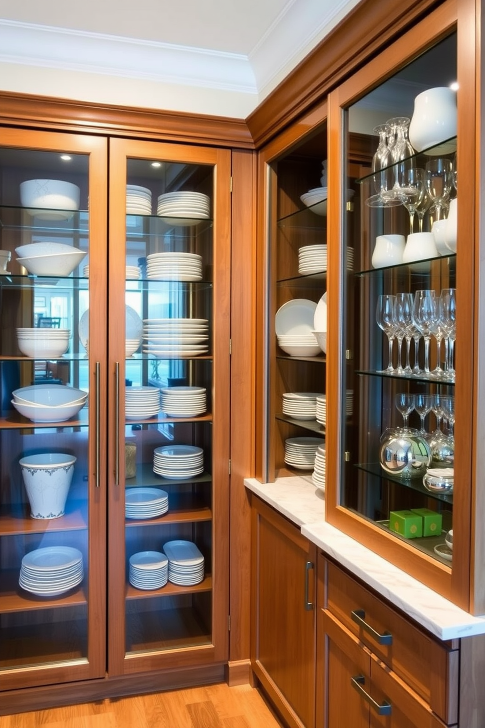 A dining room pantry features glass-front cabinets that showcase fine china and elegant glassware. The cabinetry is complemented by a rich wooden countertop and soft ambient lighting to enhance the display.