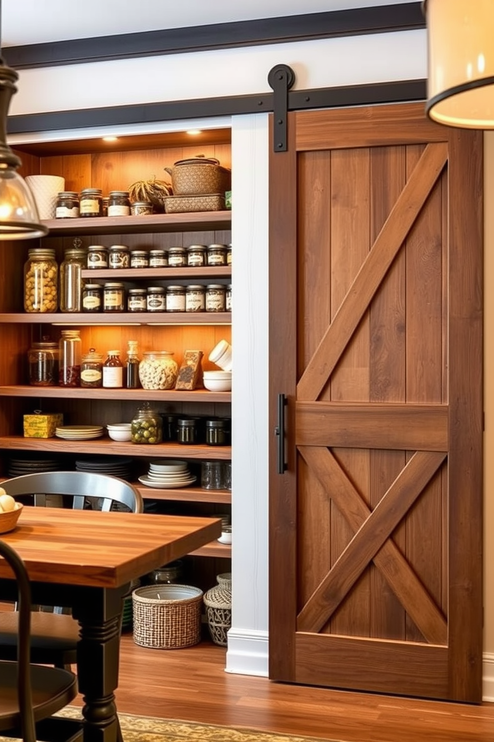 Rustic charm is embodied in this dining room pantry design featuring a large barn door that adds a touch of farmhouse elegance. The pantry shelves are made of reclaimed wood, showcasing an array of artisanal jars and rustic kitchenware, while warm lighting creates an inviting atmosphere.