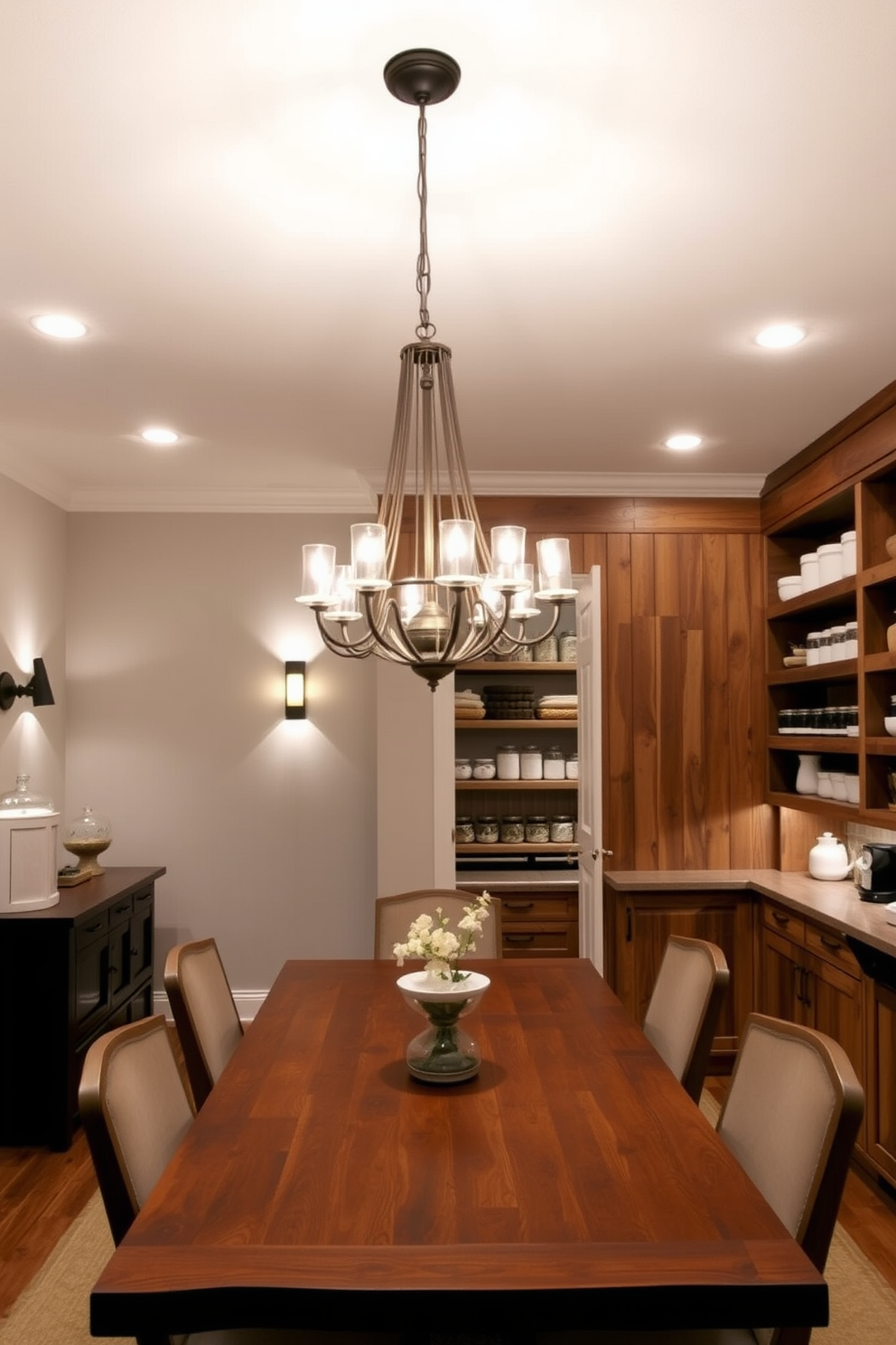 Layered lighting creates an inviting atmosphere in the dining room with a combination of pendant lights, wall sconces, and recessed lighting. A large wooden dining table is centered under a stunning chandelier, while soft ambient light enhances the surrounding decor. The pantry features open shelving made of reclaimed wood, showcasing neatly organized jars and kitchen essentials. A warm color palette and strategically placed task lighting make the space both functional and aesthetically pleasing.