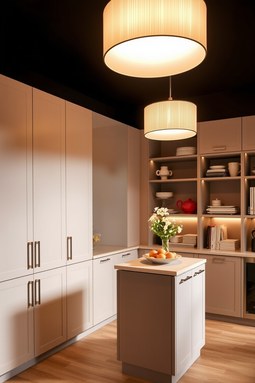 A contemporary dining room pantry features sleek cabinetry with geometric shapes and a minimalist aesthetic. The space is illuminated by pendant lights that create a warm ambiance, enhancing the modern design elements. Open shelving displays curated dishware and decorative items, while a compact island provides additional storage and workspace. The color palette consists of neutral tones with pops of color, adding vibrancy to the overall look.