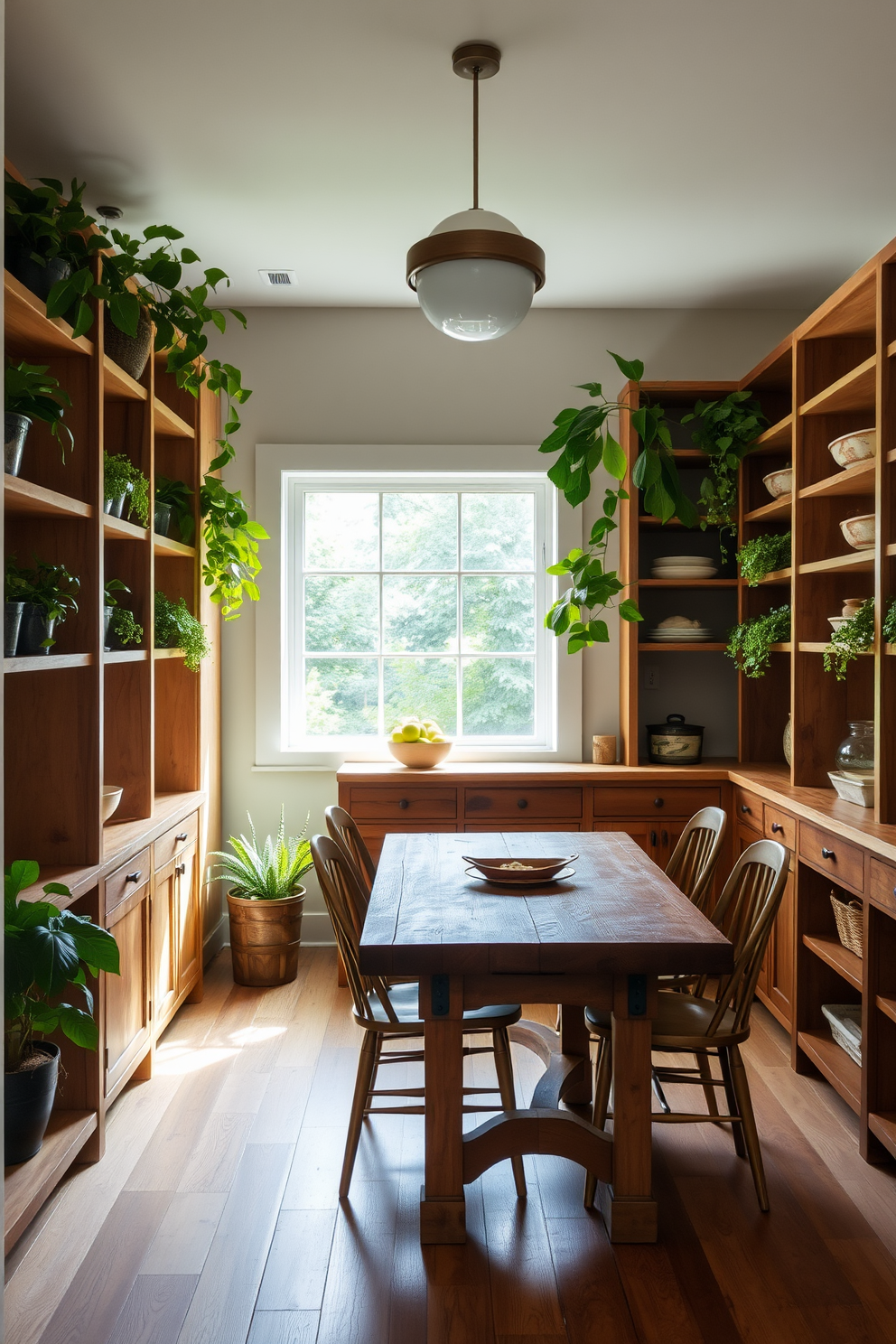 A cozy dining room pantry with open shelving made of natural wood. Lush green plants are placed on the shelves, adding a touch of freshness and vibrancy to the space. The pantry features a rustic wooden table in the center, surrounded by comfortable chairs. A large window allows natural light to flood the room, highlighting the greenery and creating an inviting atmosphere.