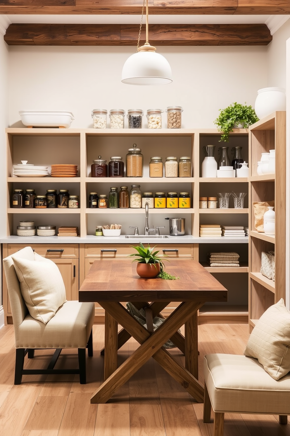 A serene dining room pantry featuring soft beige walls and light wood shelving that showcases neatly organized jars and kitchen essentials. A rustic wooden table with comfortable seating invites gatherings, while subtle greenery adds a touch of freshness to the space.