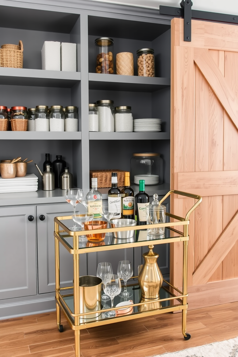 A charming pantry featuring a cozy reading nook with a built-in bench adorned with plush cushions. Shelves filled with cookbooks and decorative jars line the walls, creating an inviting atmosphere. The dining room pantry showcases elegant cabinetry with glass doors, displaying fine china and glassware. A small table with a stylish lamp sits in the corner, perfect for enjoying a quiet moment with a book.